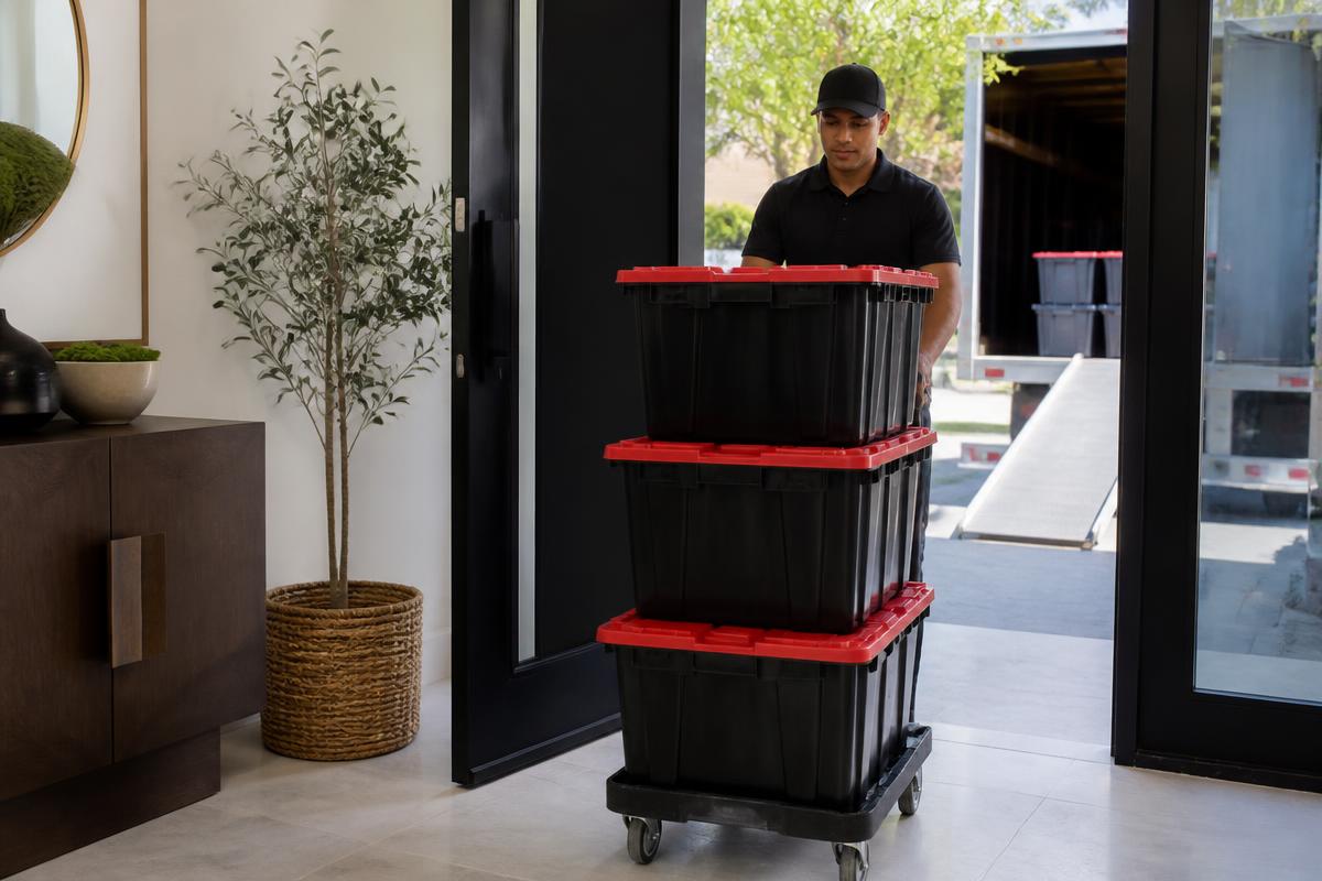 Anytime Bins team member rolling a cart stacked with black and red moving bins through a home entryway