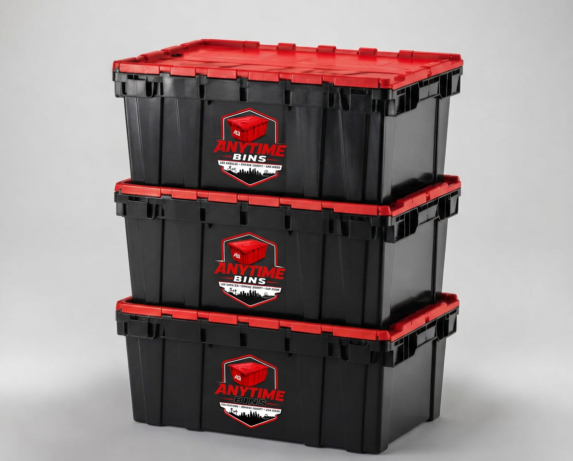 Stack of three black commercial moving totes with red attached lids